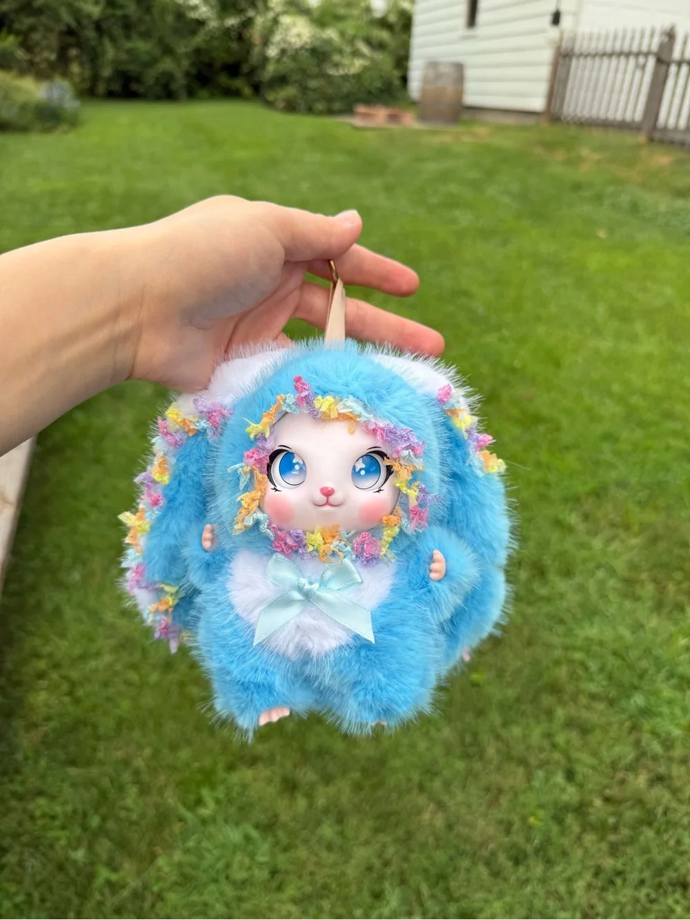 Adorable Blue Plush Bunny Keychain with Floral Trim backpack charm for birthday